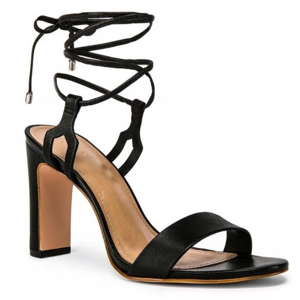Raye Kendall Black Wrap Ankle Tie Lace Sandal Peep Heels Black Leather 10